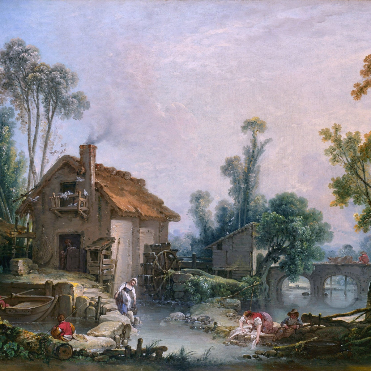 Hand-painted rustic stream and village life scene landscape oil painting on canvas