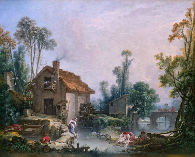 Hand-painted rustic stream and village life scene landscape oil painting on canvas