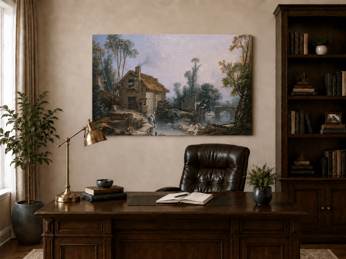 Landscape Oil Painting - Rustic Stream and Village Life Scene