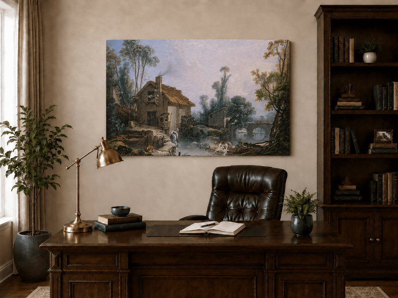 Landscape Oil Painting - Rustic Stream and Village Life Scene