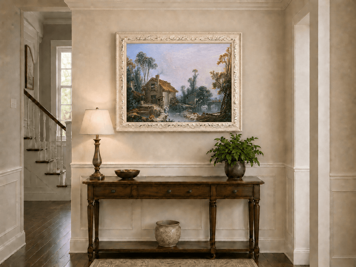 Landscape Oil Painting - Rustic Stream and Village Life Scene