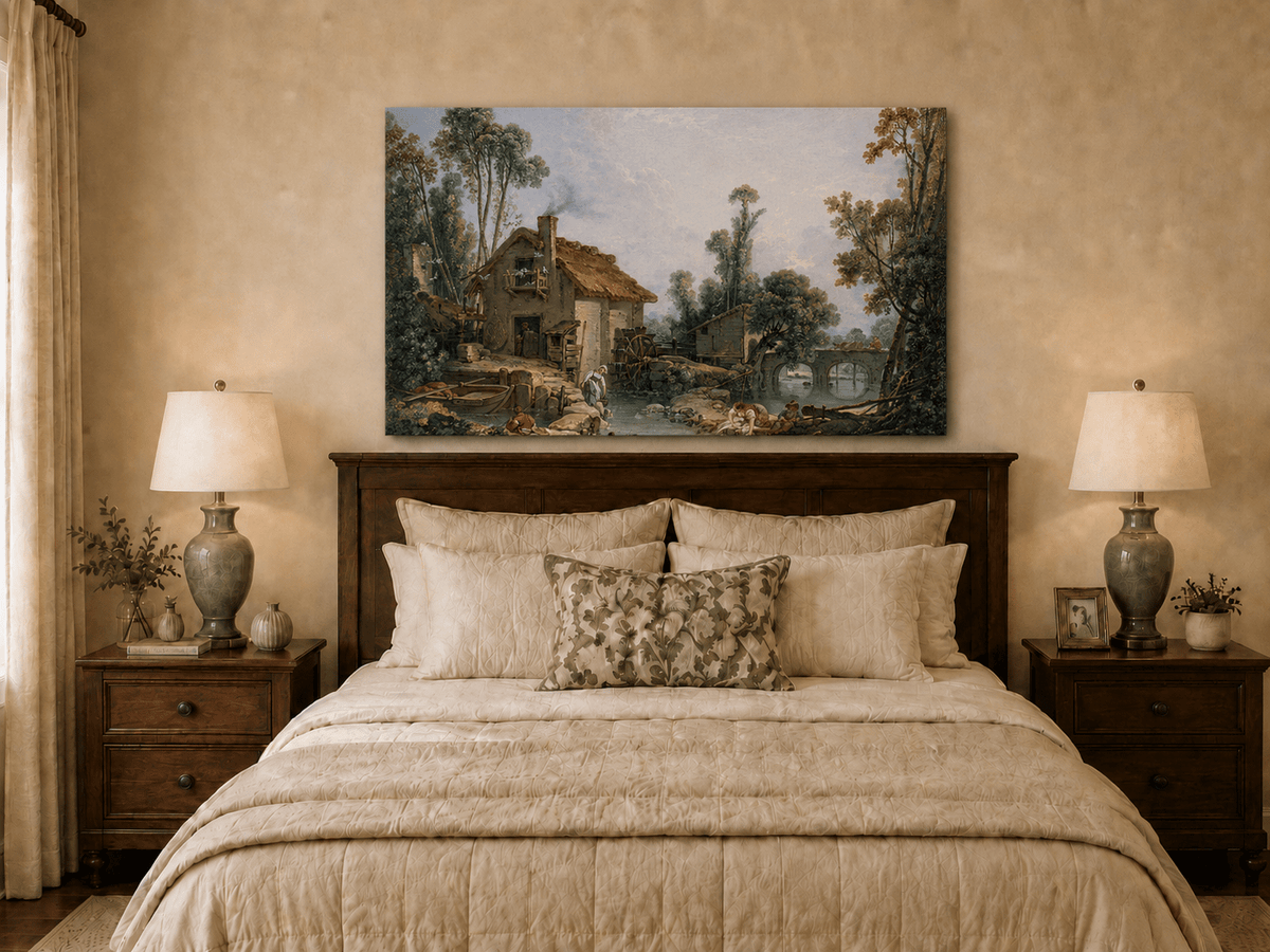 Landscape Oil Painting - Rustic Stream and Village Life Scene