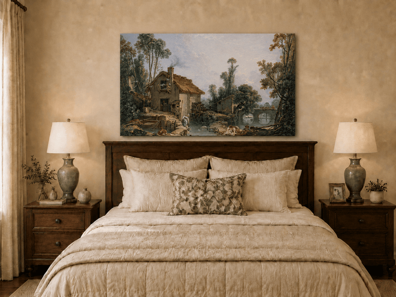 Landscape Oil Painting - Rustic Stream and Village Life Scene
