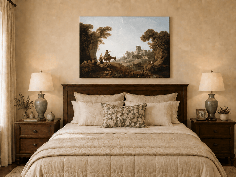 Landscape Oil Painting - Rustic Travelers by River Ruins