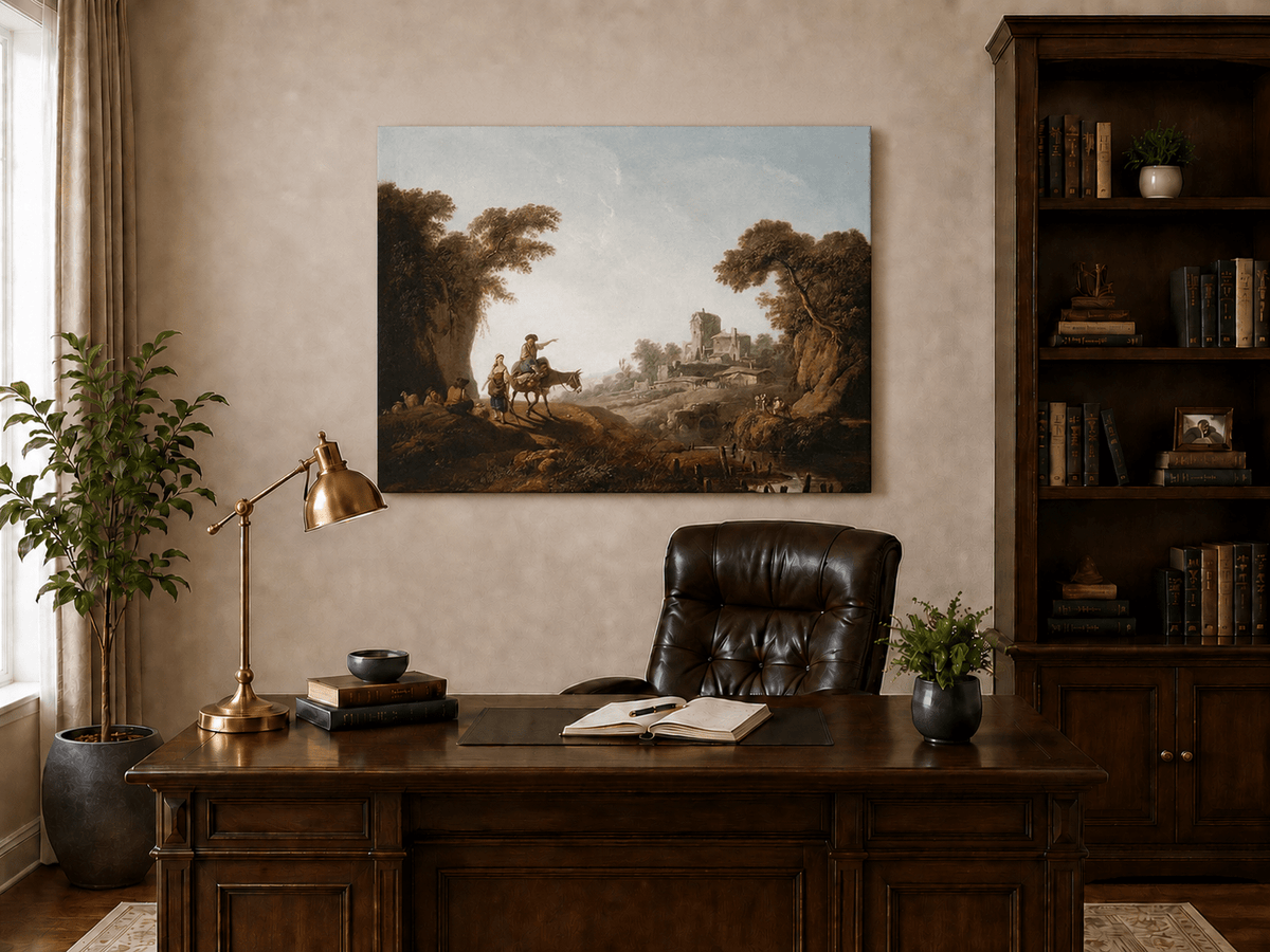 Landscape Oil Painting - Rustic Travelers by River Ruins