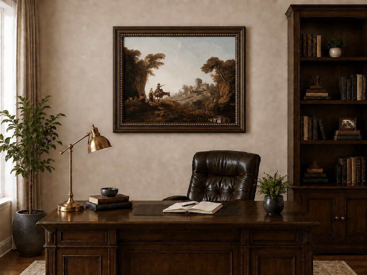 Landscape Oil Painting - Rustic Travelers by River Ruins