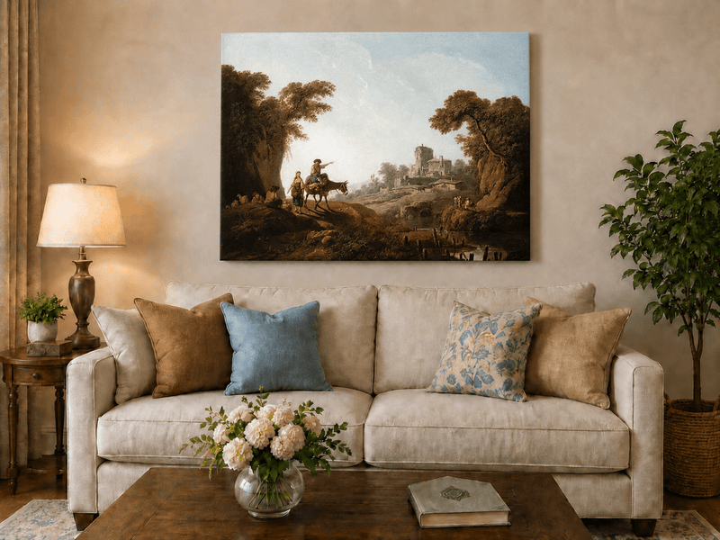 Landscape Oil Painting - Rustic Travelers by River Ruins