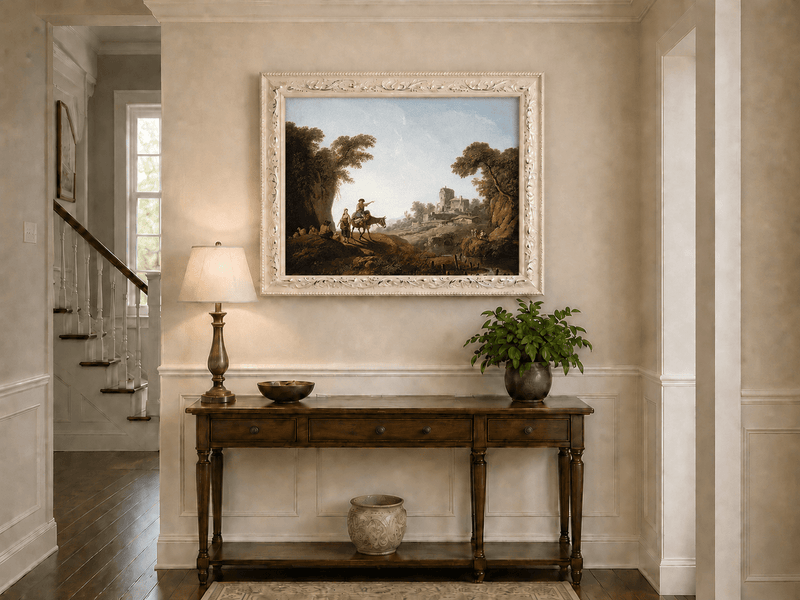 Landscape Oil Painting - Rustic Travelers by River Ruins