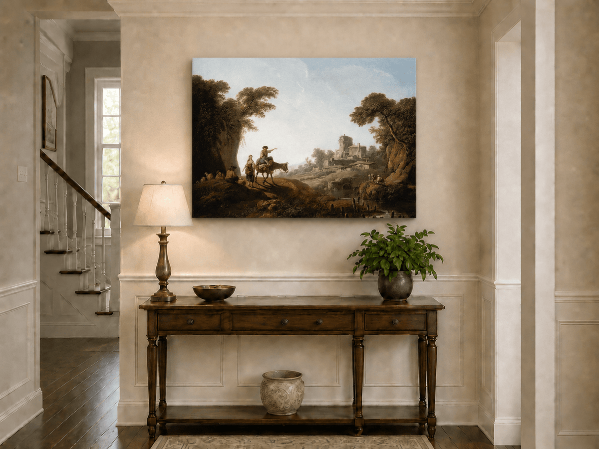 Landscape Oil Painting - Rustic Travelers by River Ruins