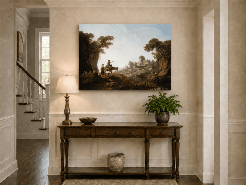 Landscape Oil Painting - Rustic Travelers by River Ruins