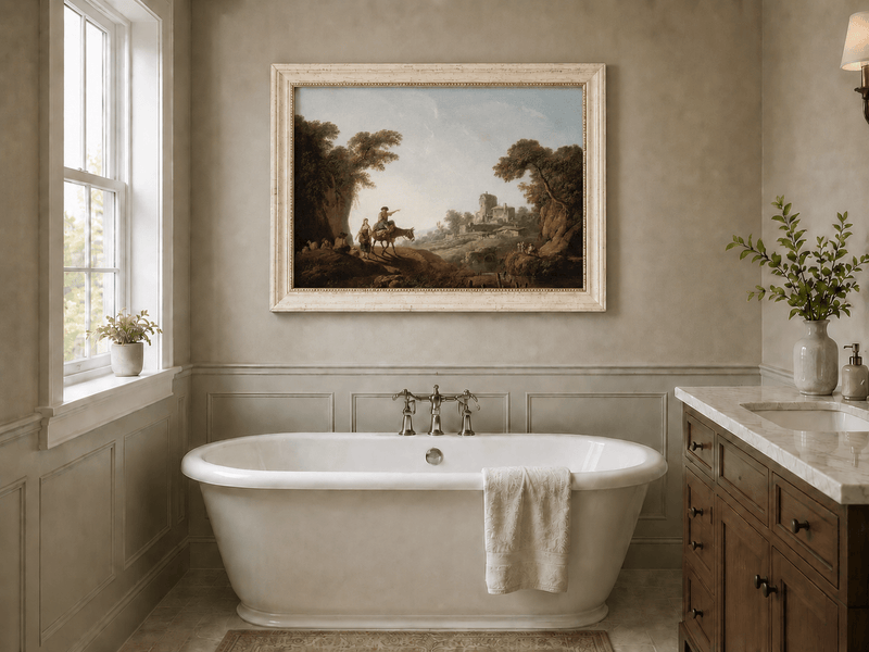 Landscape Oil Painting - Rustic Travelers by River Ruins