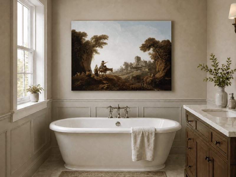 Landscape Oil Painting - Rustic Travelers by River Ruins