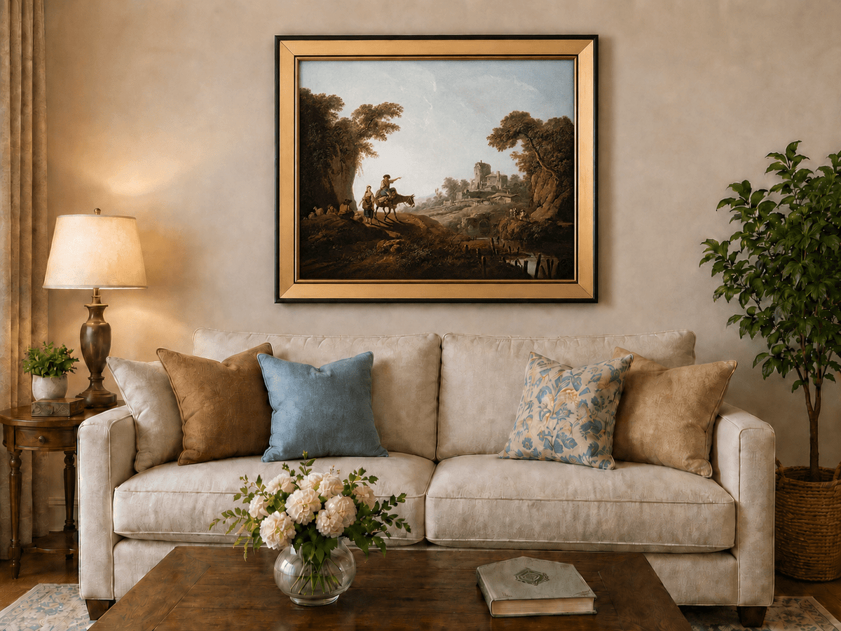 Landscape Oil Painting - Rustic Travelers by River Ruins