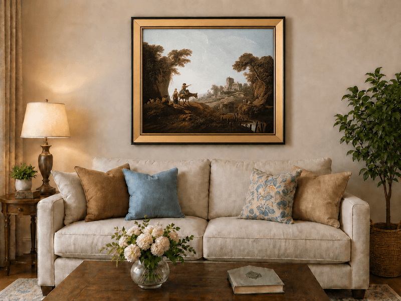 Landscape Oil Painting - Rustic Travelers by River Ruins