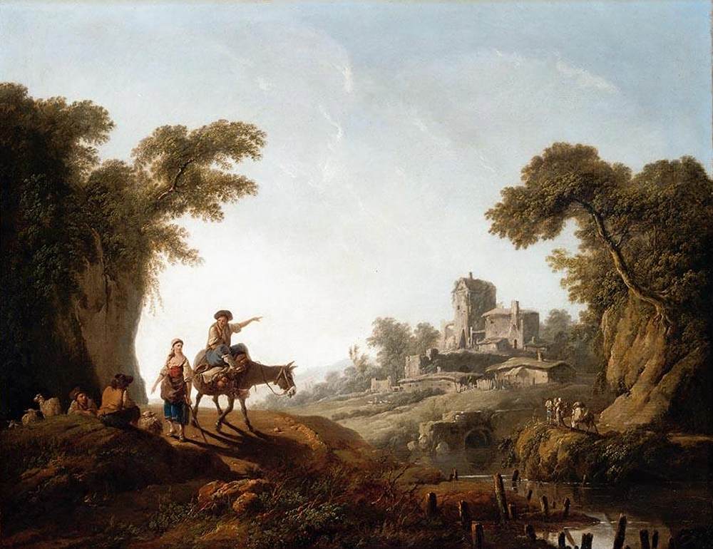 Landscape Oil Painting - Rustic Travelers by River Ruins - Oil Painting Haven