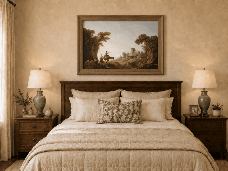 Landscape Oil Painting - Rustic Travelers by River Ruins
