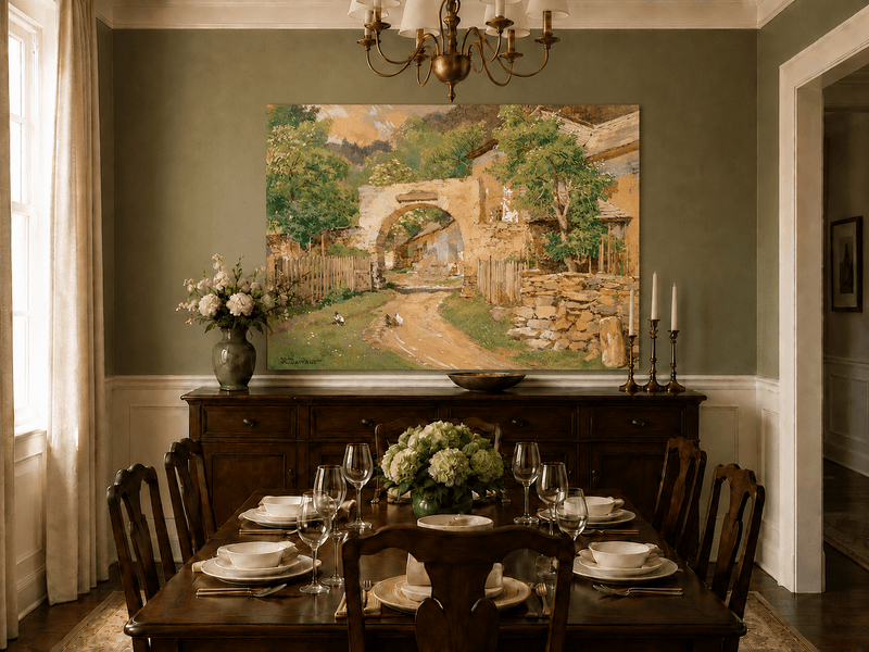 Landscape Oil Painting - Rustic Village Archway and Cottage Lane