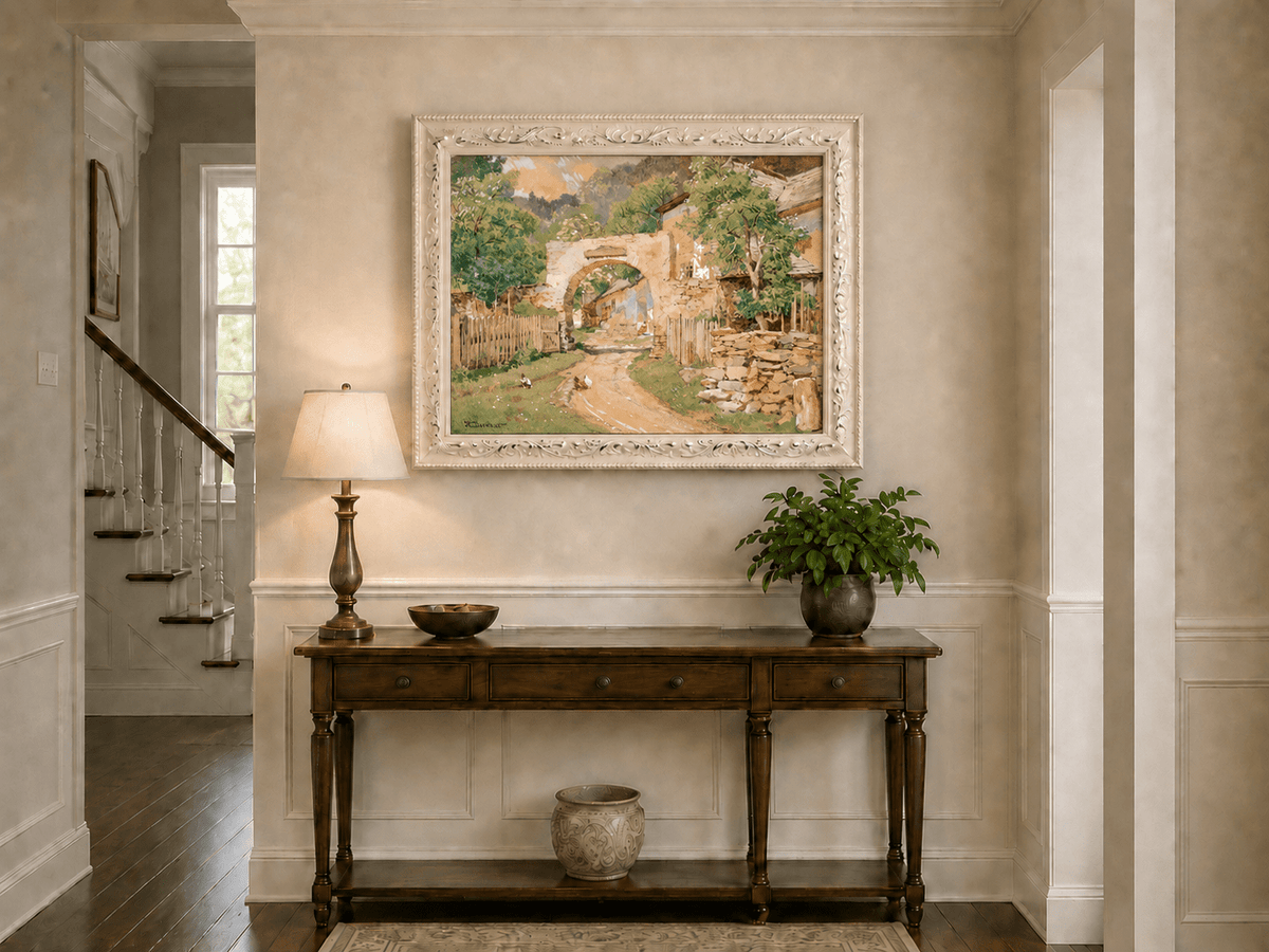 Landscape Oil Painting - Rustic Village Archway and Cottage Lane
