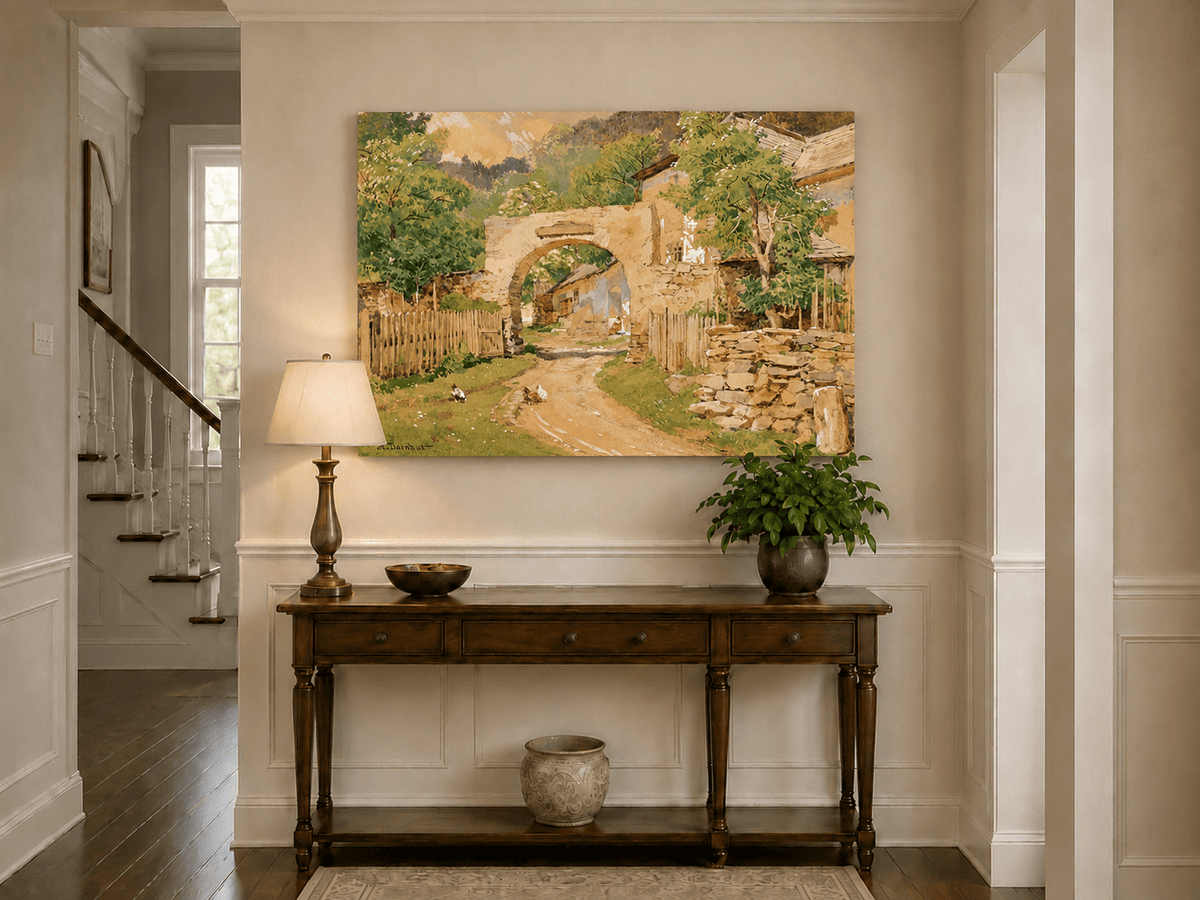 Landscape Oil Painting - Rustic Village Archway and Cottage Lane