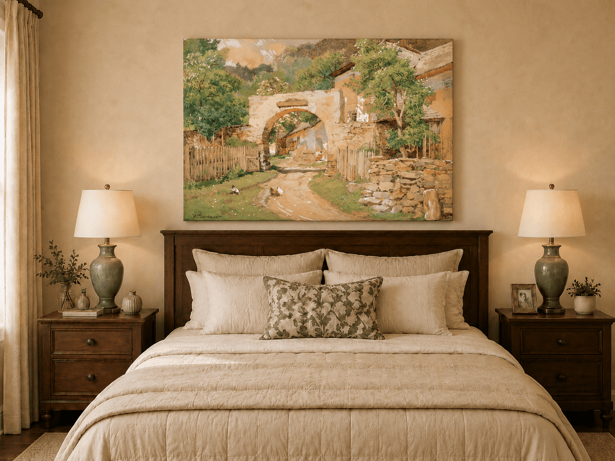 Landscape Oil Painting - Rustic Village Archway and Cottage Lane