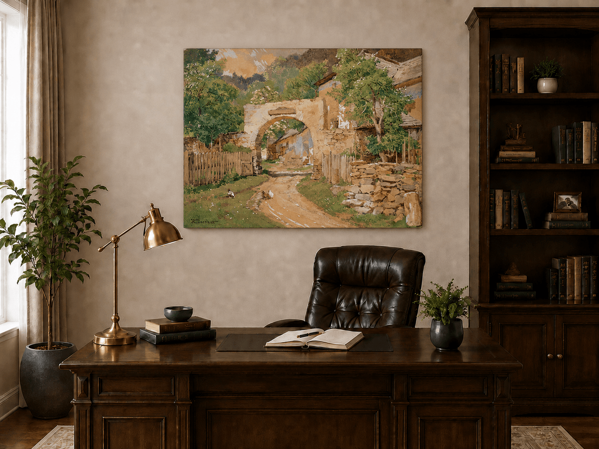 Landscape Oil Painting - Rustic Village Archway and Cottage Lane