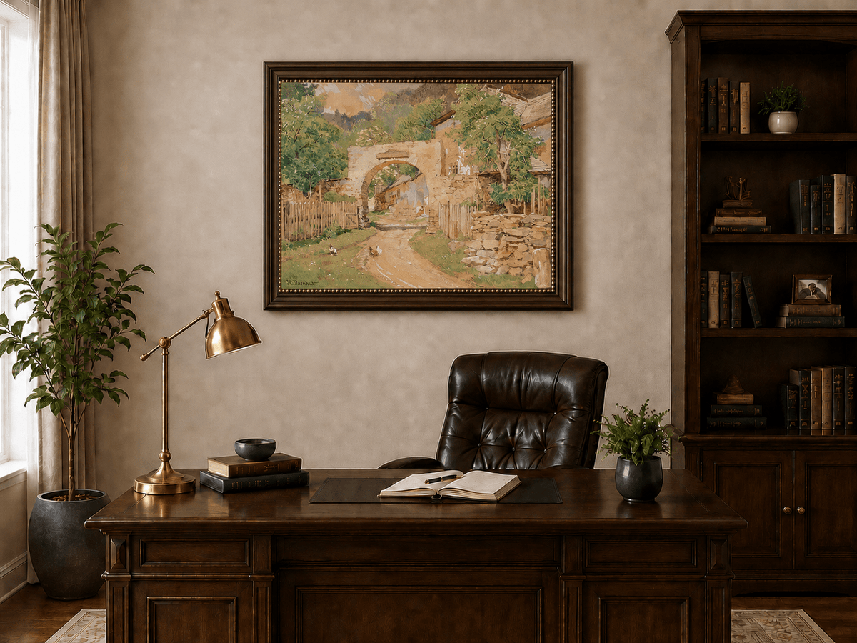 Landscape Oil Painting - Rustic Village Archway and Cottage Lane