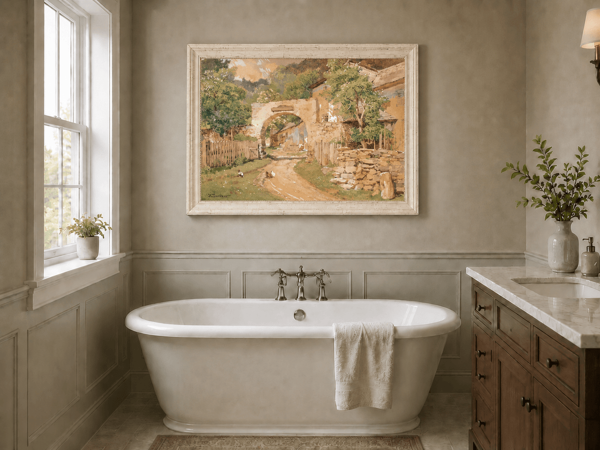 Landscape Oil Painting - Rustic Village Archway and Cottage Lane