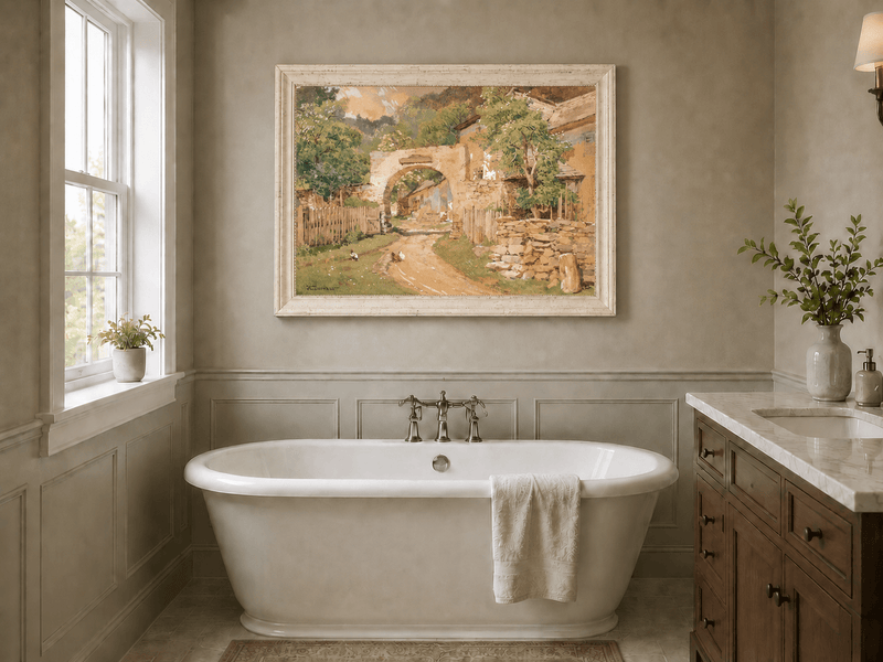 Landscape Oil Painting - Rustic Village Archway and Cottage Lane