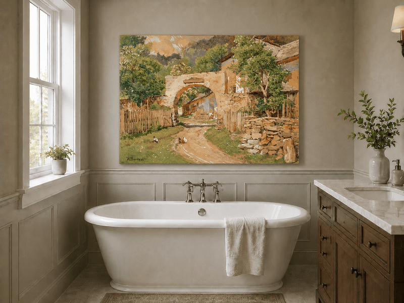 Landscape Oil Painting - Rustic Village Archway and Cottage Lane