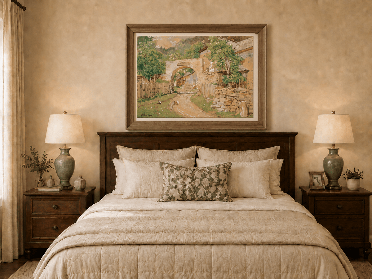 Landscape Oil Painting - Rustic Village Archway and Cottage Lane