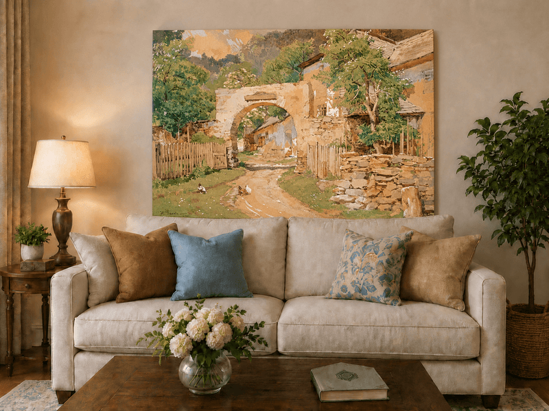 Landscape Oil Painting - Rustic Village Archway and Cottage Lane