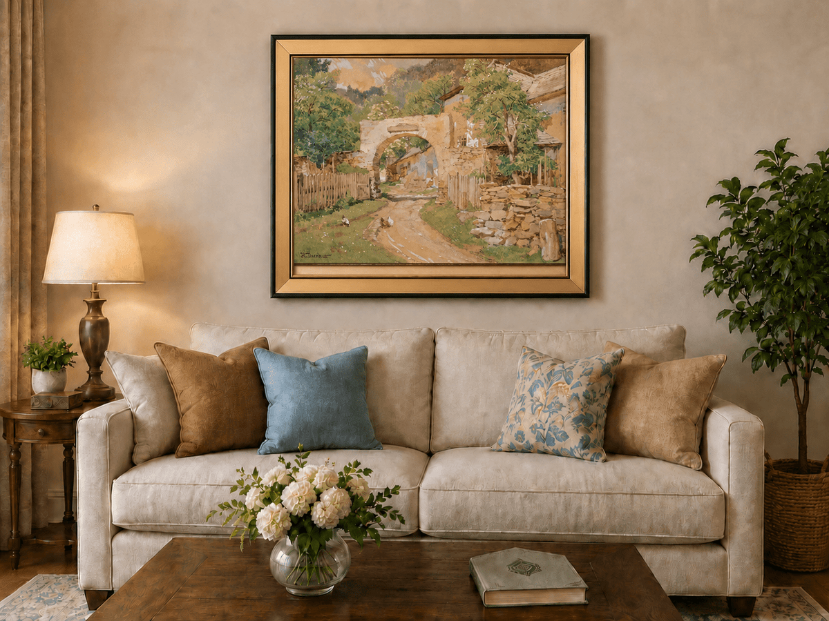 Landscape Oil Painting - Rustic Village Archway and Cottage Lane