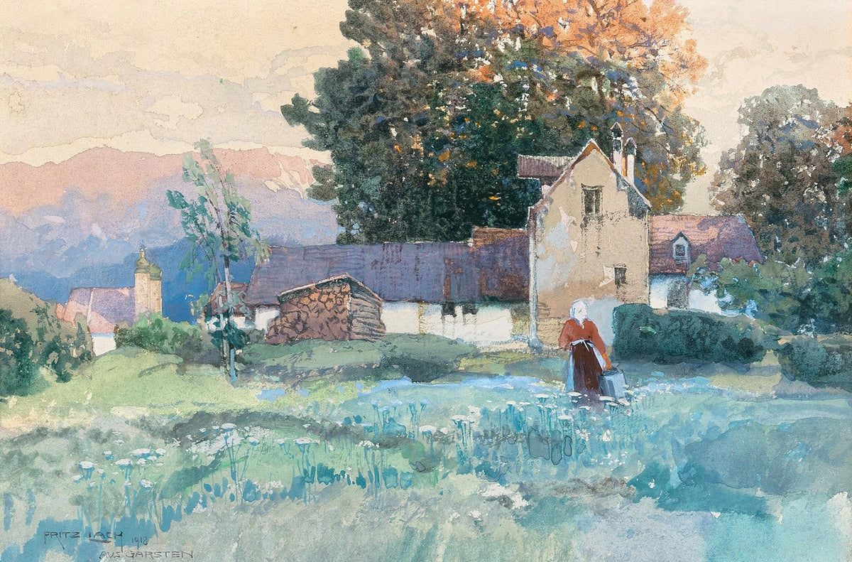 Hand-painted rustic village cottage and meadow view landscape oil painting on canvas