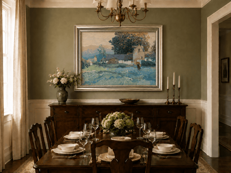 Landscape Oil Painting - Rustic Village Cottage and Meadow View