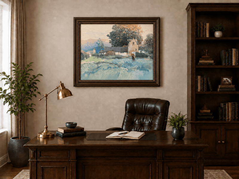Landscape Oil Painting - Rustic Village Cottage and Meadow View