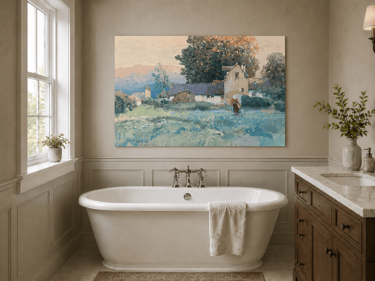 Landscape Oil Painting - Rustic Village Cottage and Meadow View
