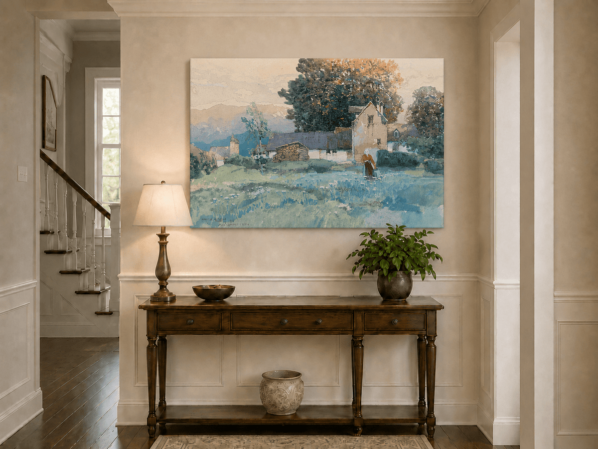Landscape Oil Painting - Rustic Village Cottage and Meadow View