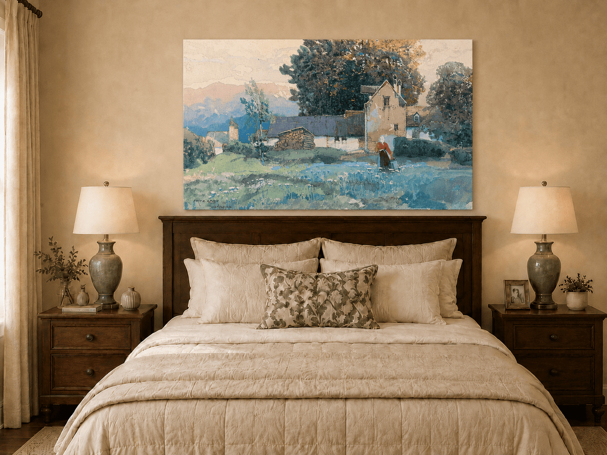 Landscape Oil Painting - Rustic Village Cottage and Meadow View