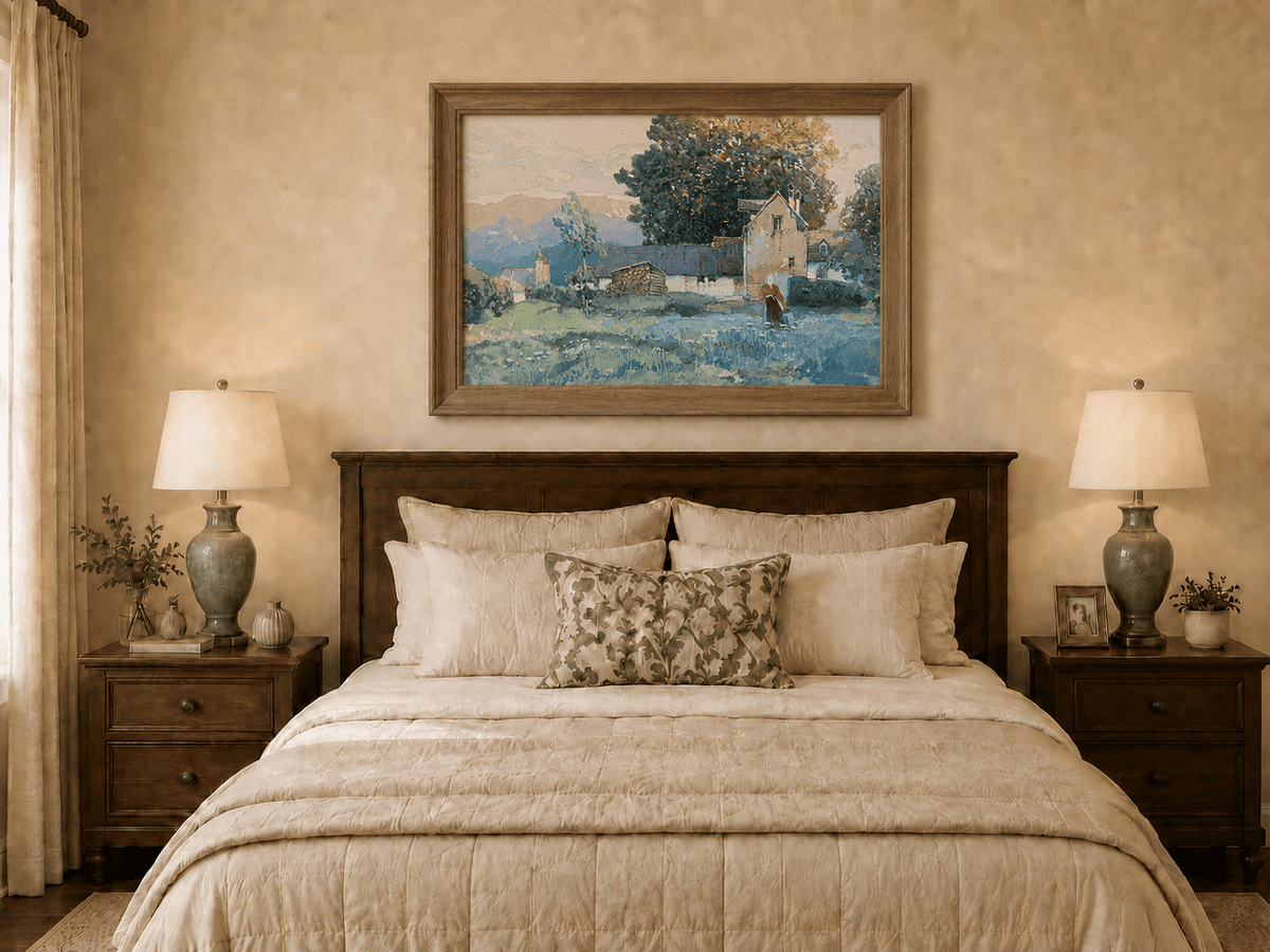 Landscape Oil Painting - Rustic Village Cottage and Meadow View