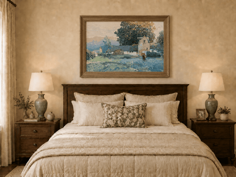 Landscape Oil Painting - Rustic Village Cottage and Meadow View