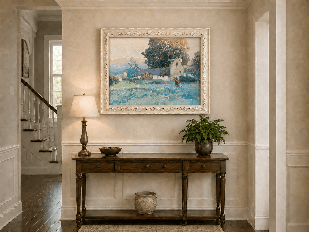 Landscape Oil Painting - Rustic Village Cottage and Meadow View