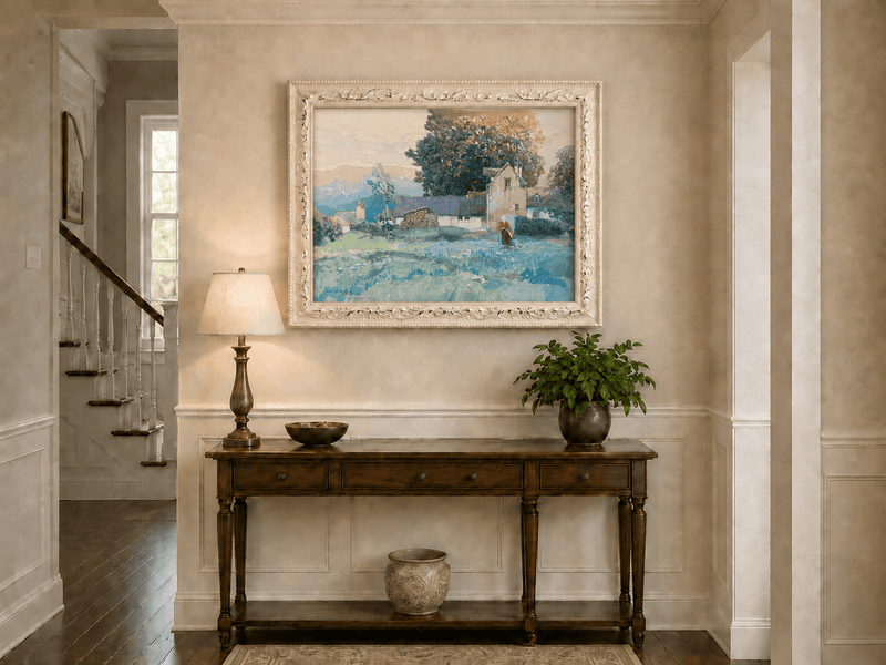 Landscape Oil Painting - Rustic Village Cottage and Meadow View
