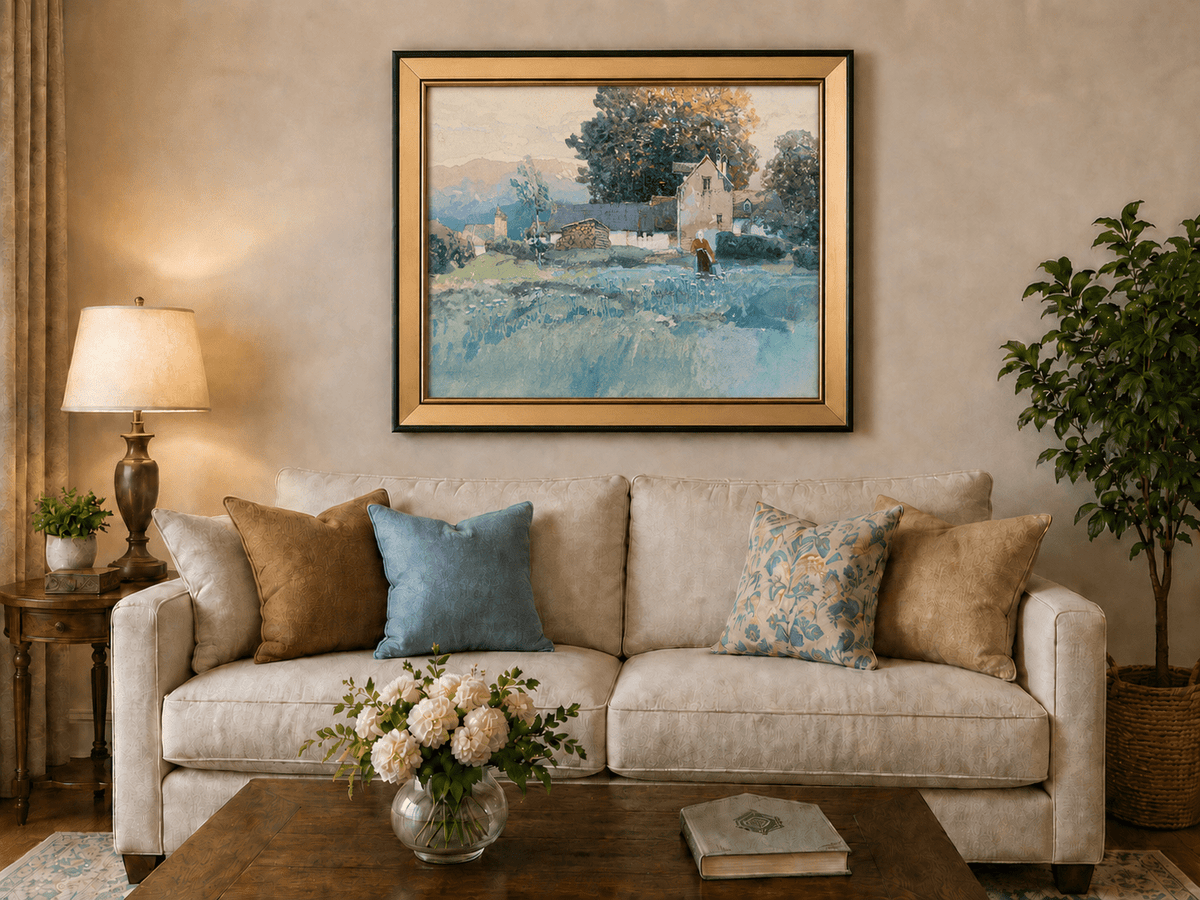 Landscape Oil Painting - Rustic Village Cottage and Meadow View