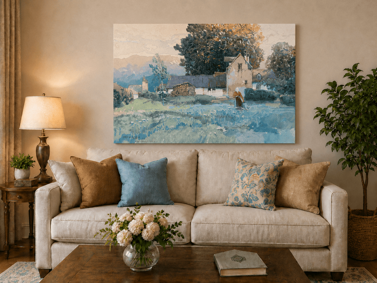 Landscape Oil Painting - Rustic Village Cottage and Meadow View