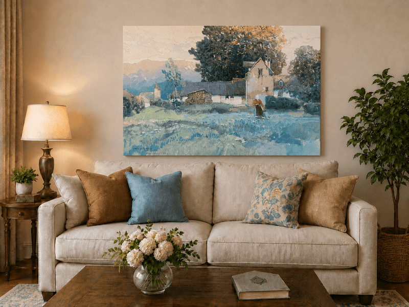 Landscape Oil Painting - Rustic Village Cottage and Meadow View