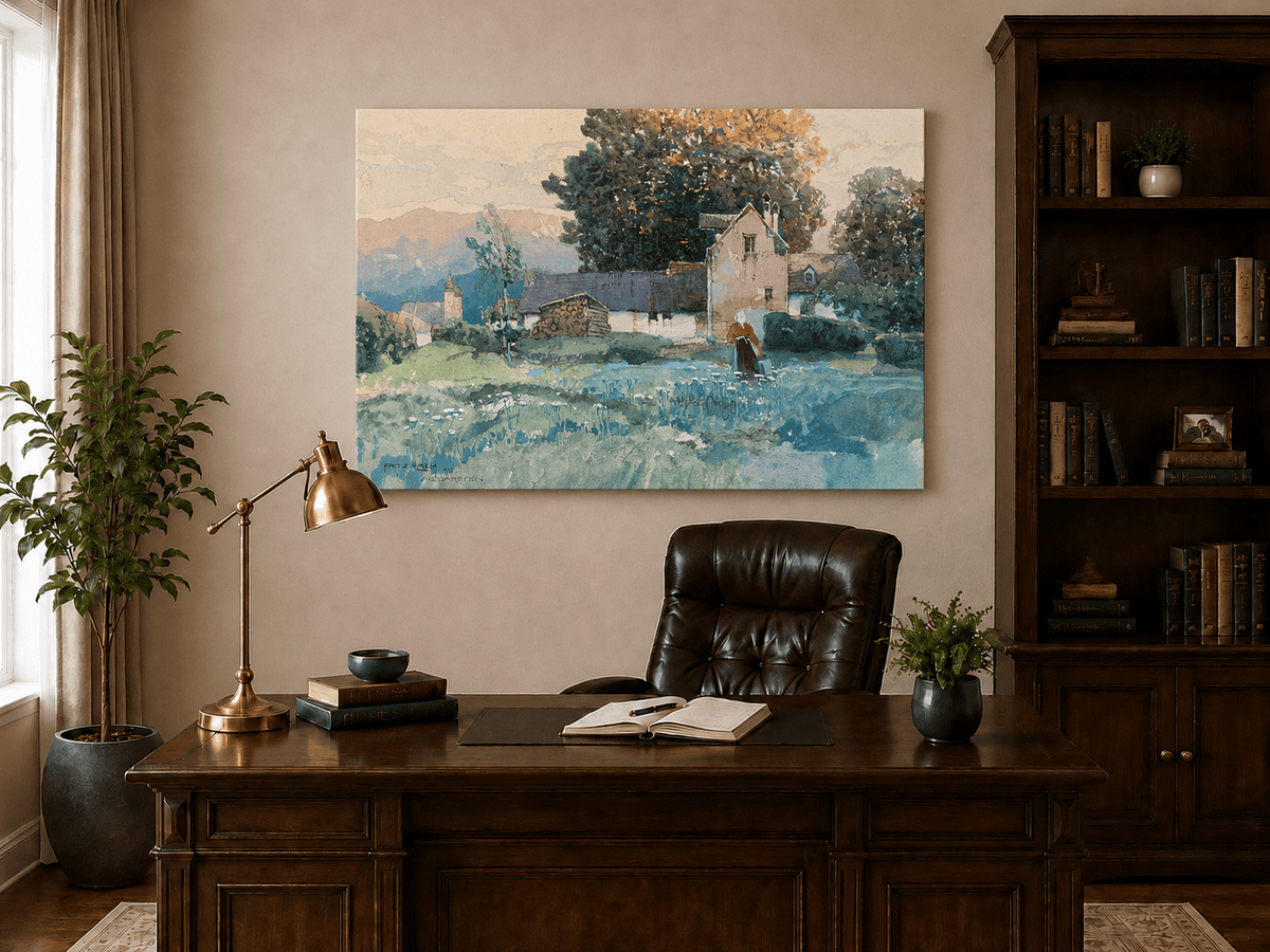Landscape Oil Painting - Rustic Village Cottage and Meadow View
