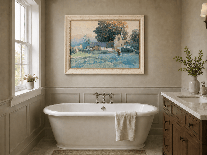 Landscape Oil Painting - Rustic Village Cottage and Meadow View