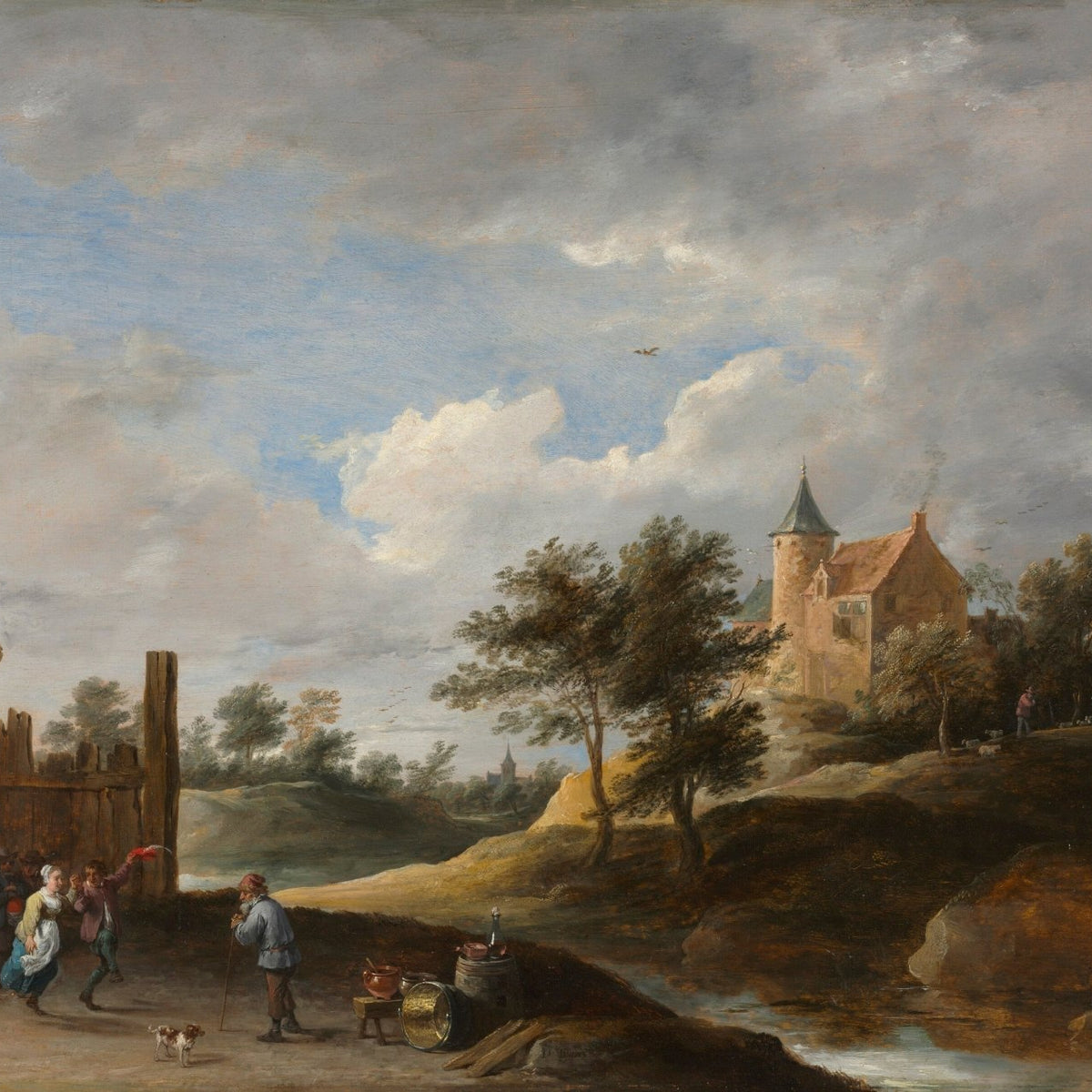 Hand-painted rustic village dance by the stream landscape oil painting on canvas