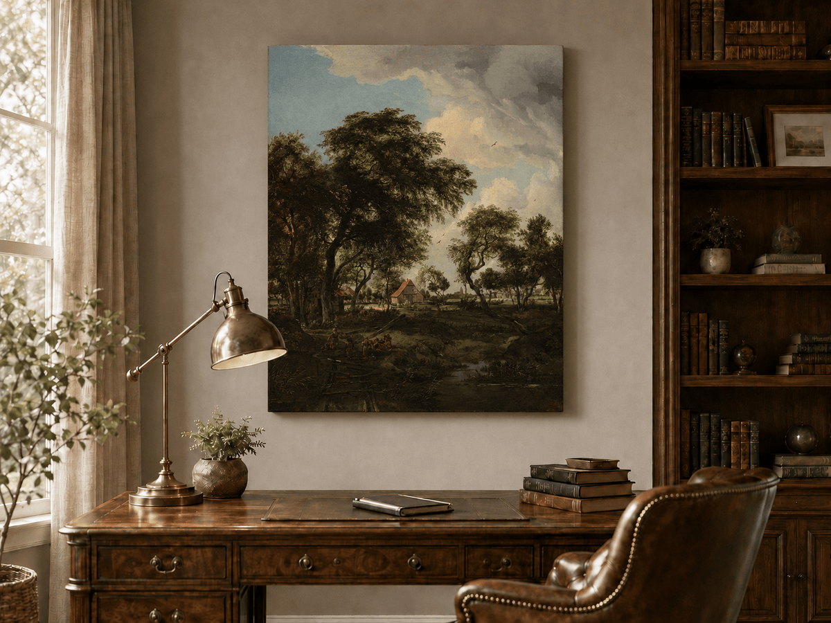 Landscape Oil Painting - Rustic Village Landscape Trees & Stream