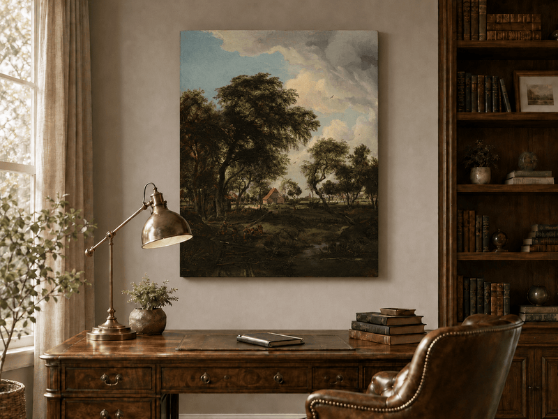 Landscape Oil Painting - Rustic Village Landscape Trees & Stream